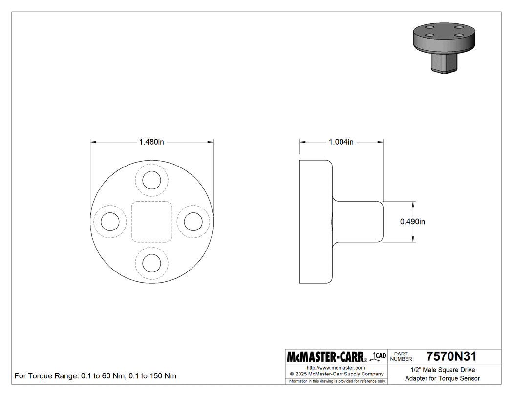 Technical Drawing of 1/2" Male Square Drive Adapter for Torque Sensor.